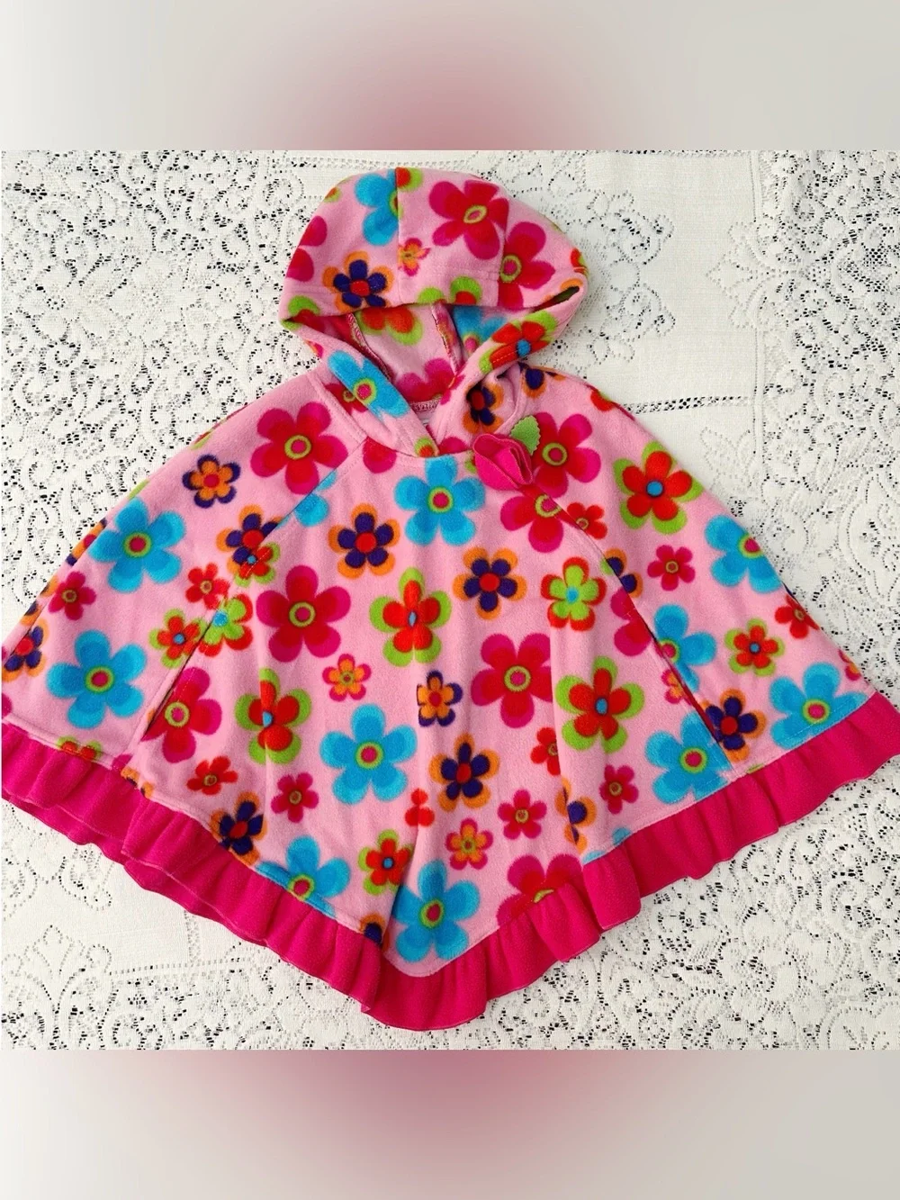 Pink Floral Girls Size 5 / 6 Poncho Fleece Hooded Colorful Multicolor Mack & Co